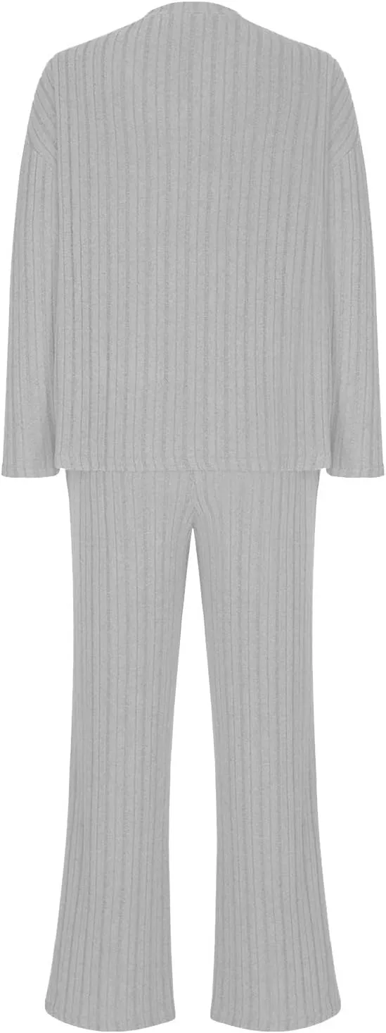 Women's Knitted Loungewear Sets Soft V Neck Long Sleeve Pullover Sweater and Casual Wide Leg Pants 2 Piece Outfits