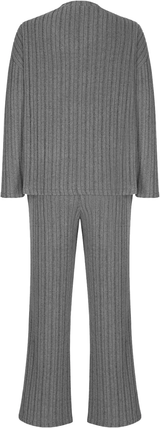 Women's Knitted Loungewear Sets Soft V Neck Long Sleeve Pullover Sweater and Casual Wide Leg Pants 2 Piece Outfits