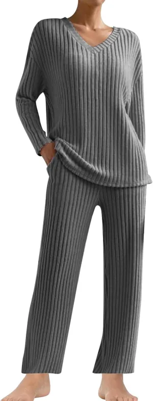 Women's Knitted Loungewear Sets Soft V Neck Long Sleeve Pullover Sweater and Casual Wide Leg Pants 2 Piece Outfits