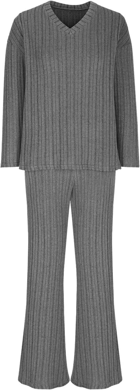 Women's Knitted Loungewear Sets Soft V Neck Long Sleeve Pullover Sweater and Casual Wide Leg Pants 2 Piece Outfits