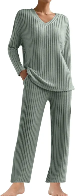 Women's Knitted Loungewear Sets Soft V Neck Long Sleeve Pullover Sweater and Casual Wide Leg Pants 2 Piece Outfits