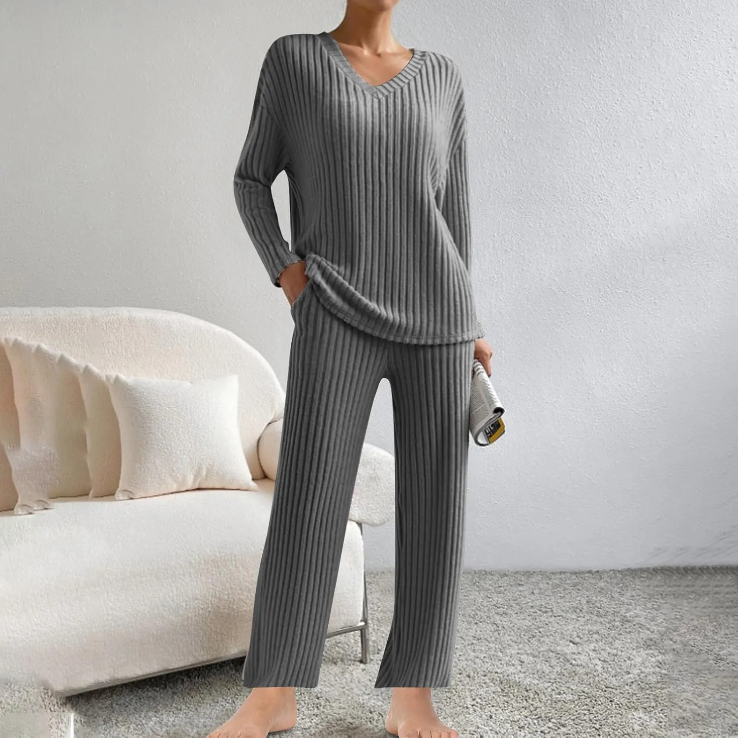 Women's Knitted Loungewear Sets Soft V Neck Long Sleeve Pullover Sweater and Casual Wide Leg Pants 2 Piece Outfits
