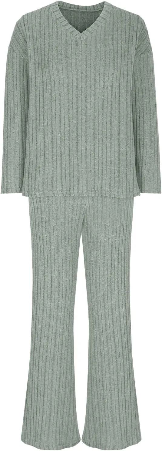 Women's Knitted Loungewear Sets Soft V Neck Long Sleeve Pullover Sweater and Casual Wide Leg Pants 2 Piece Outfits