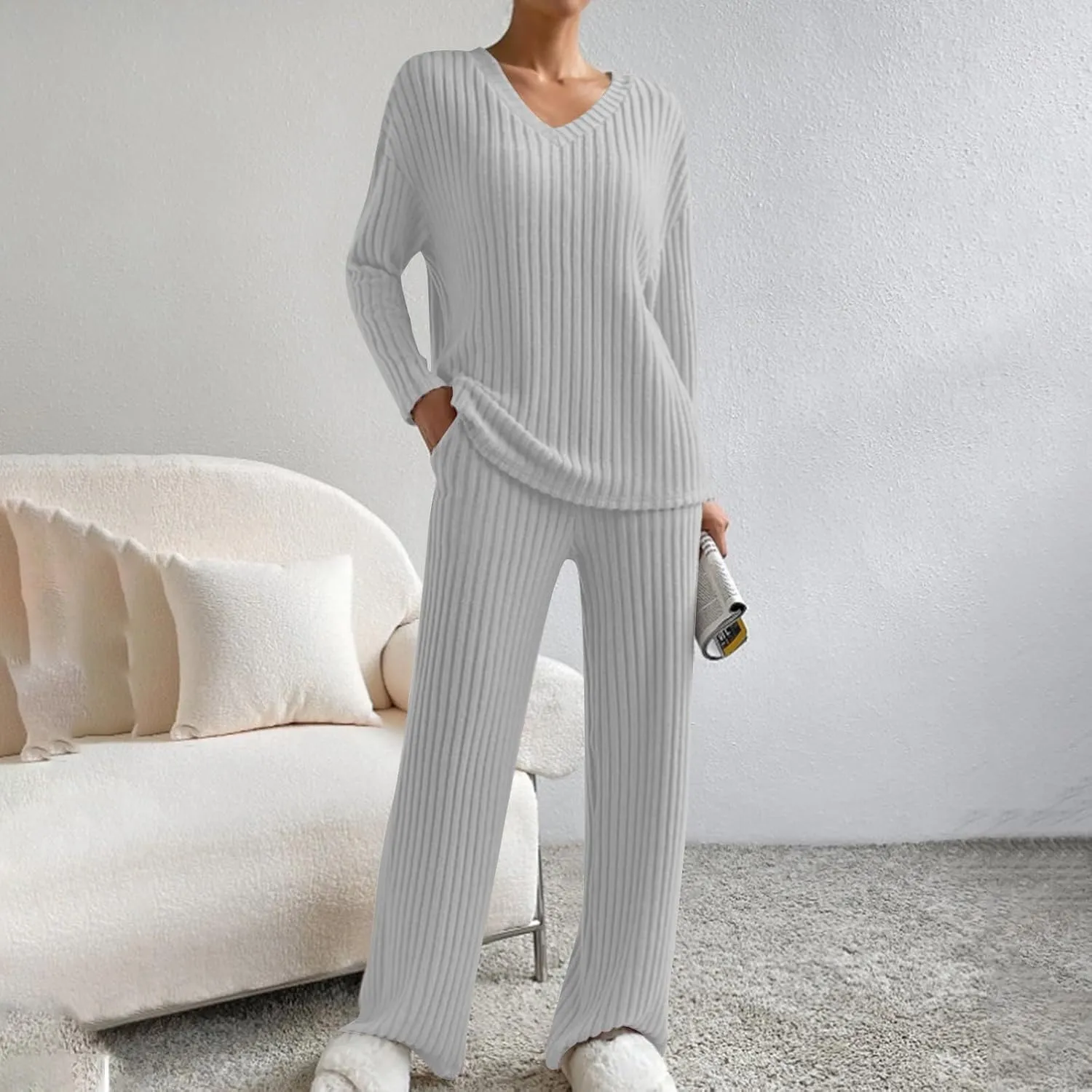 Women's Knitted Loungewear Sets Soft V Neck Long Sleeve Pullover Sweater and Casual Wide Leg Pants 2 Piece Outfits