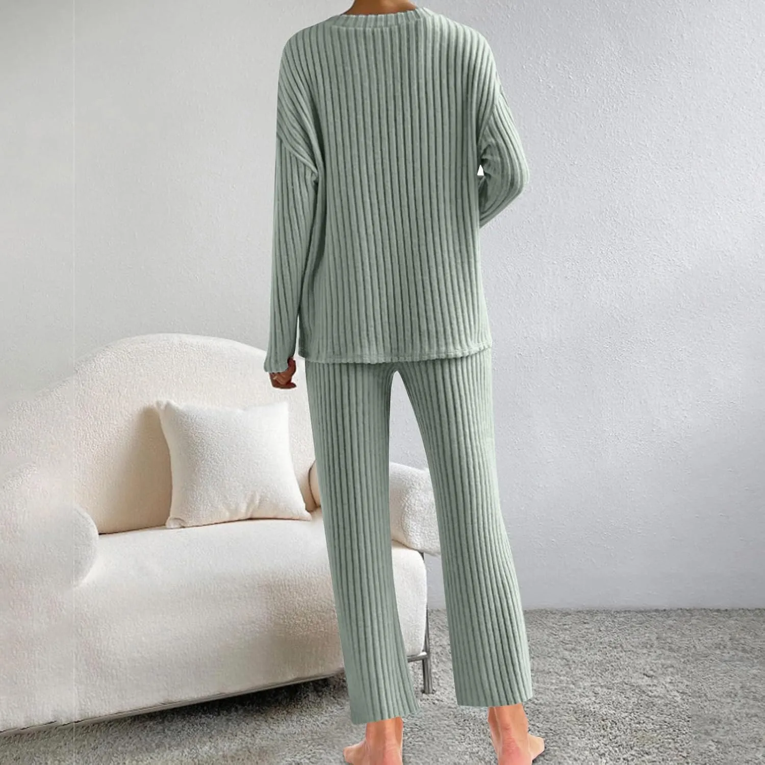 Women's Knitted Loungewear Sets Soft V Neck Long Sleeve Pullover Sweater and Casual Wide Leg Pants 2 Piece Outfits
