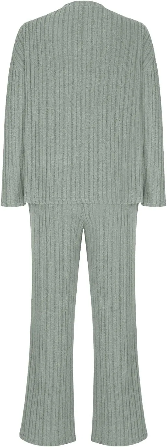 Women's Knitted Loungewear Sets Soft V Neck Long Sleeve Pullover Sweater and Casual Wide Leg Pants 2 Piece Outfits