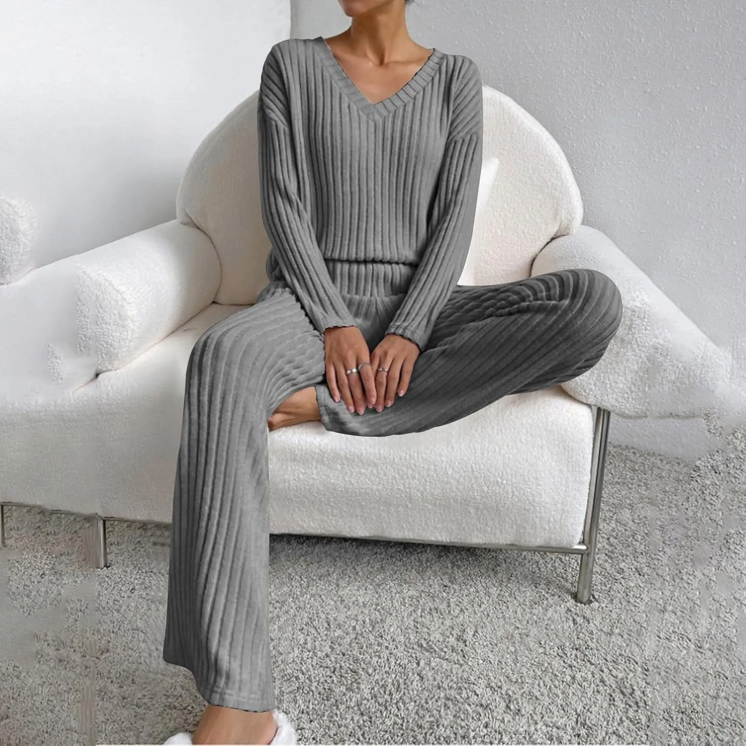 Women's Knitted Loungewear Sets Soft V Neck Long Sleeve Pullover Sweater and Casual Wide Leg Pants 2 Piece Outfits