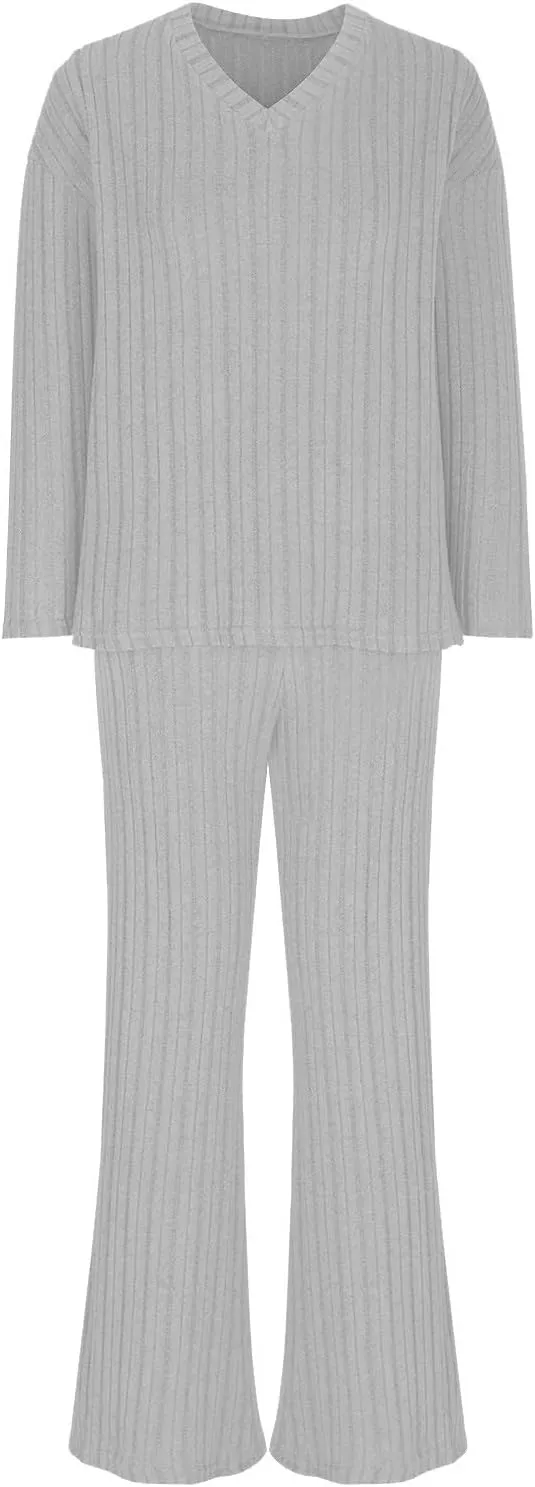 Women's Knitted Loungewear Sets Soft V Neck Long Sleeve Pullover Sweater and Casual Wide Leg Pants 2 Piece Outfits