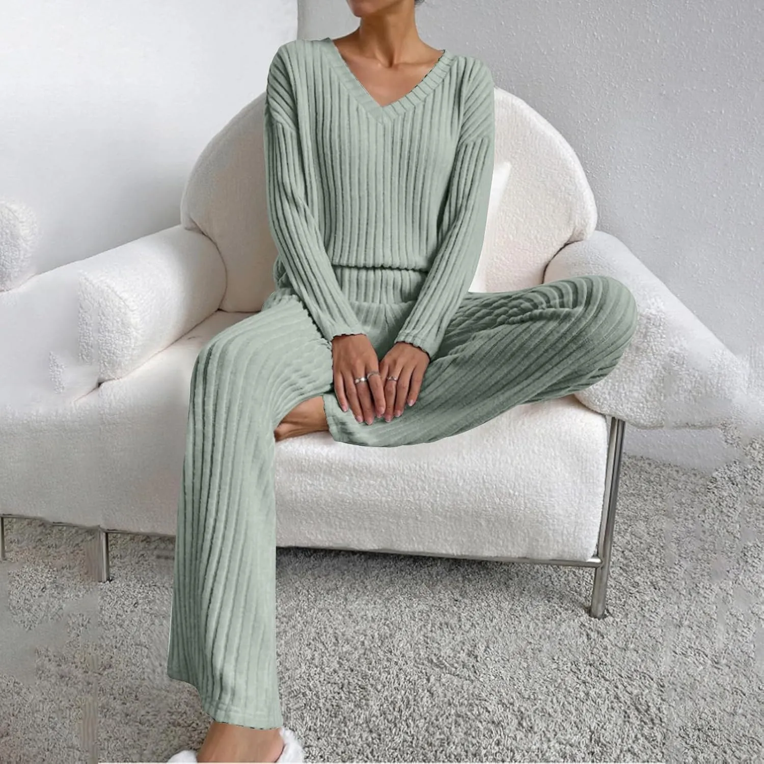 Women's Knitted Loungewear Sets Soft V Neck Long Sleeve Pullover Sweater and Casual Wide Leg Pants 2 Piece Outfits