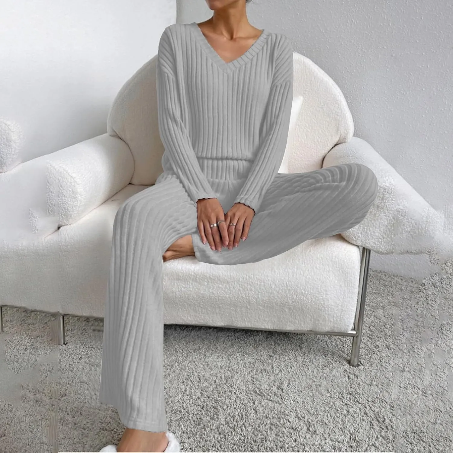 Women's Knitted Loungewear Sets Soft V Neck Long Sleeve Pullover Sweater and Casual Wide Leg Pants 2 Piece Outfits