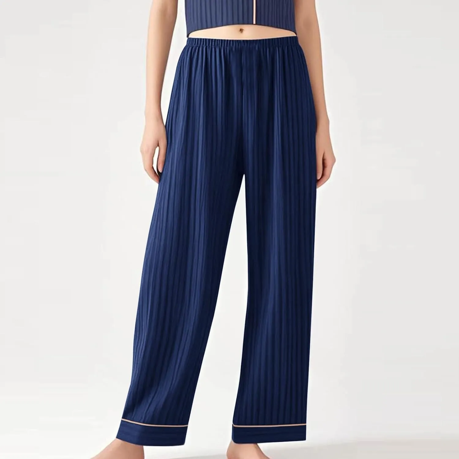 Women's Leisure Pajama Pants Elastic Waist Pleated Home Pjs with Contrast Color Trim Comfy Daily Routine Sleep Pant