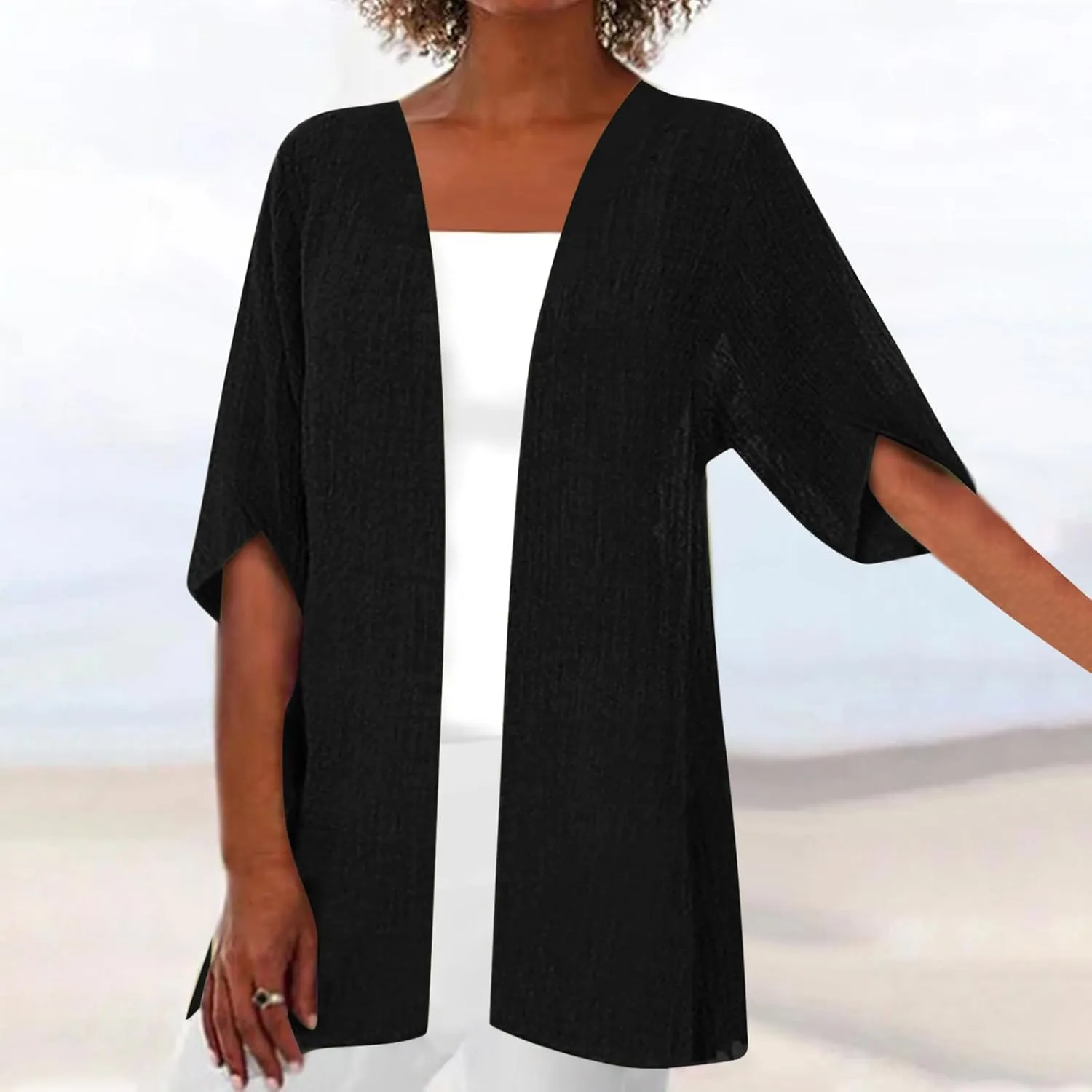 Womens Lightweight Linen Cardigan 2025 Summer Half Sleeve Open Front Beach Coverup Plus Size Sun Protection Clothing