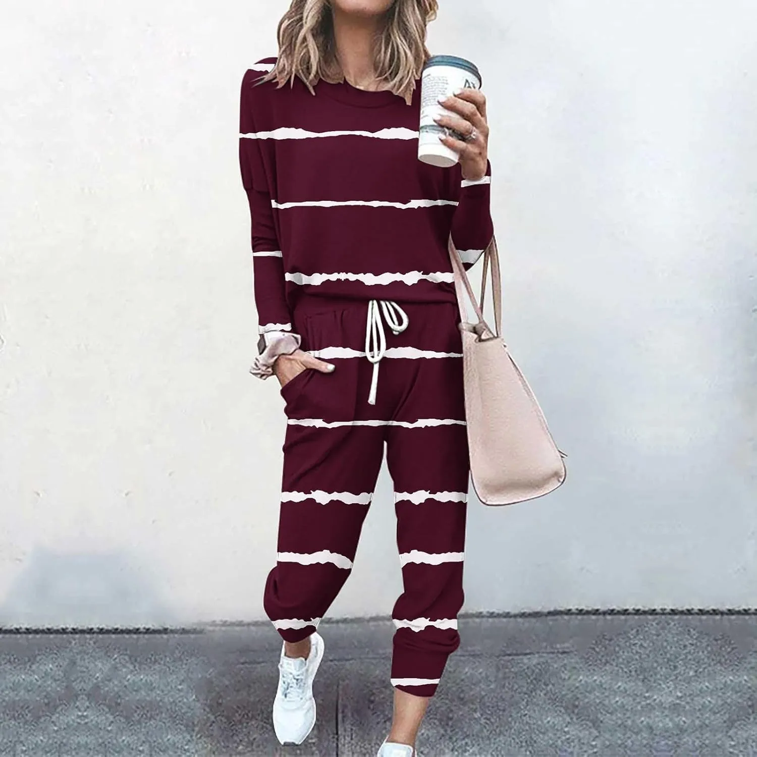 Women's Long Sleeve Sleepwear Women's Two- Solid Casual Top Pants Sets Long Sleeve Wear Sports Suit Pajamas Set