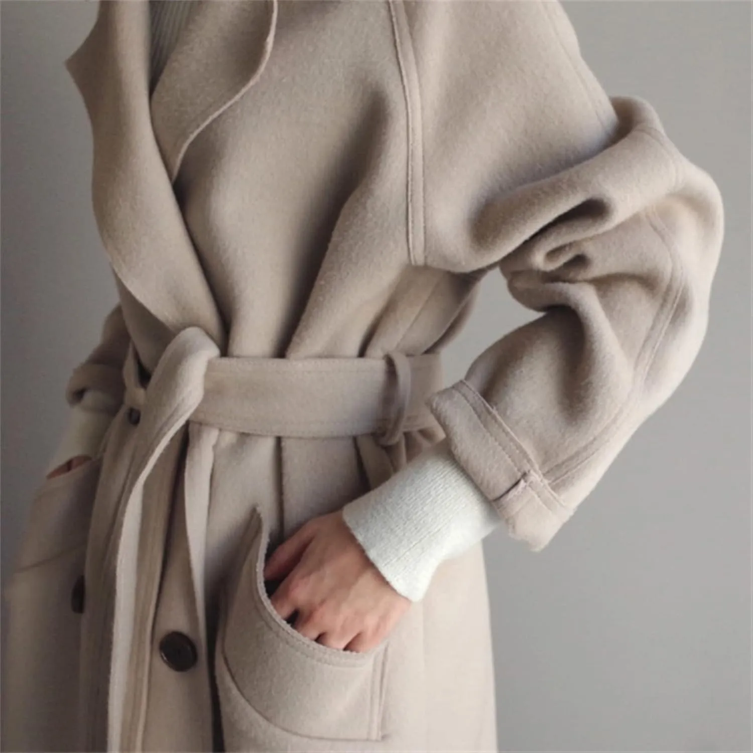 Women's Long Wool Blend Overcoat Winter Long Sleeve Wool Pea Coat Notch Casual Wool Long Coat