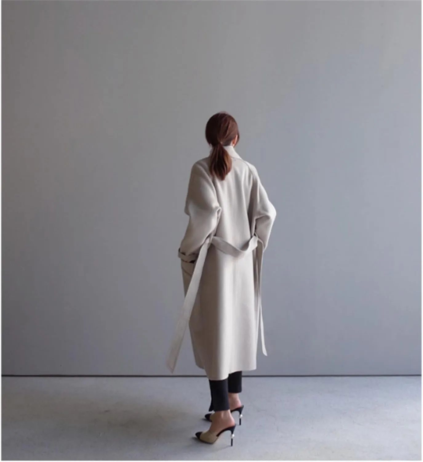 Women's Long Wool Blend Overcoat Winter Long Sleeve Wool Pea Coat Notch Casual Wool Long Coat