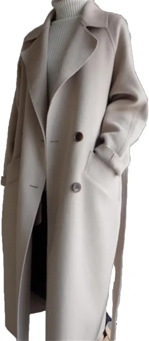 Women's Long Wool Blend Overcoat Winter Long Sleeve Wool Pea Coat Notch Casual Wool Long Coat
