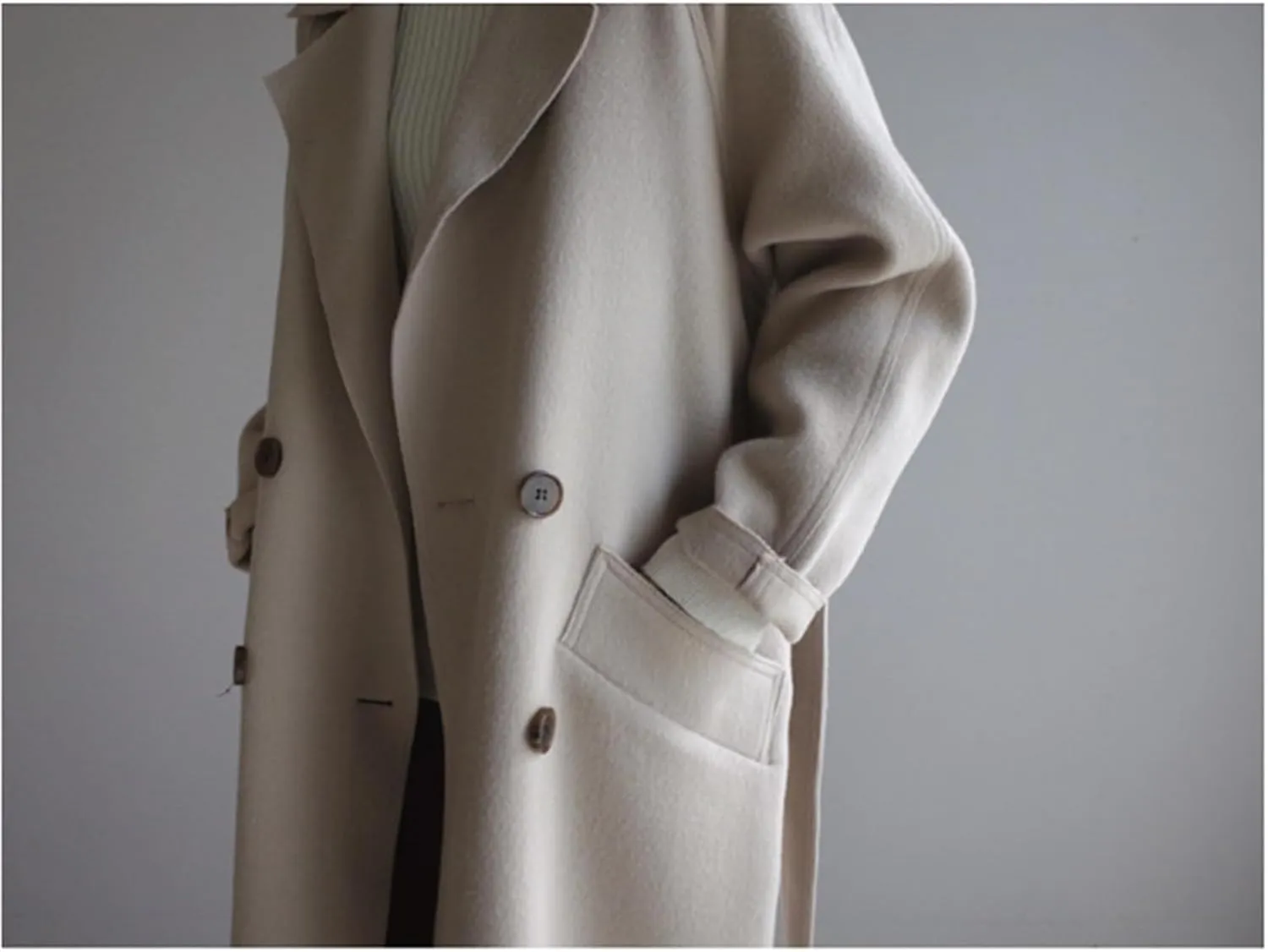 Women's Long Wool Blend Overcoat Winter Long Sleeve Wool Pea Coat Notch Casual Wool Long Coat
