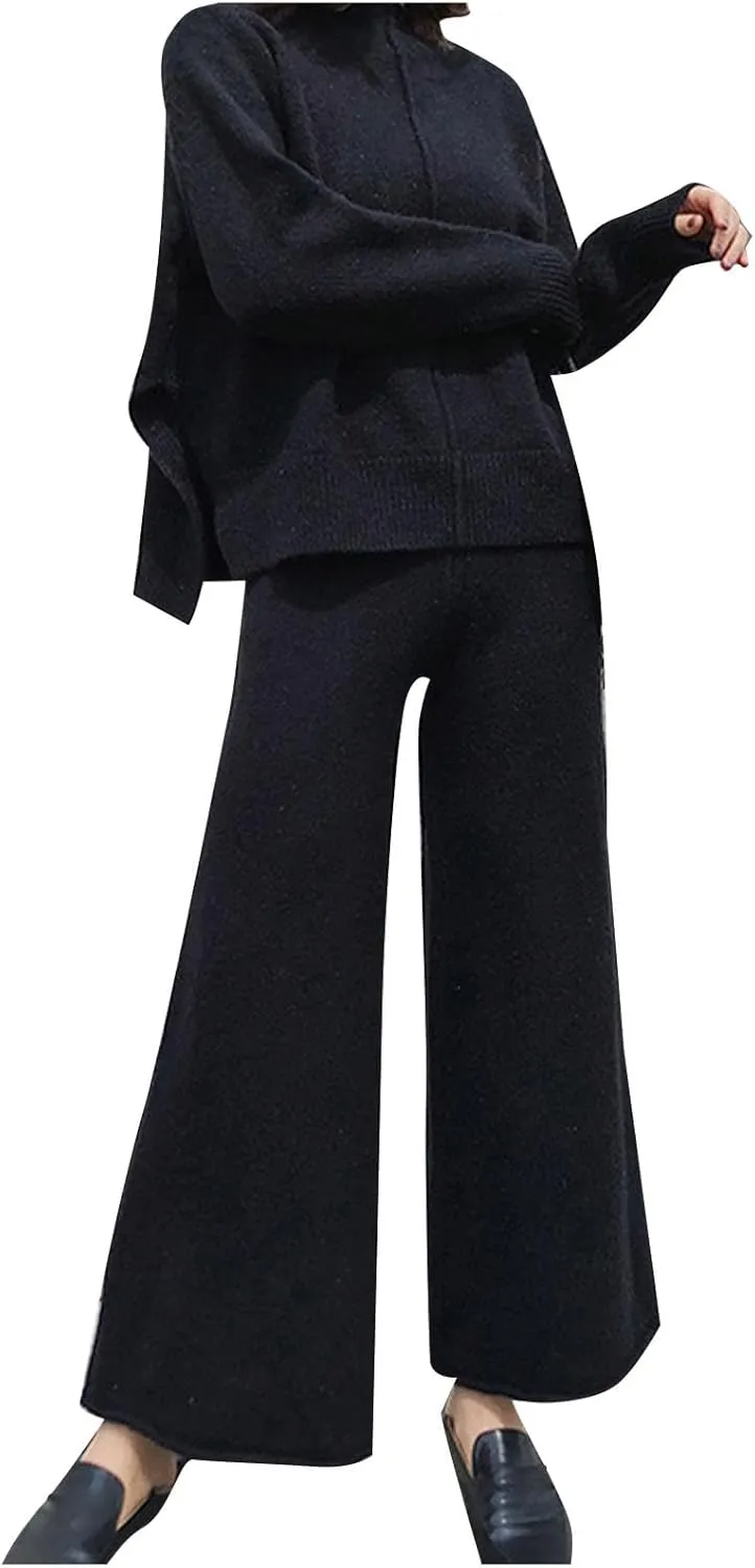 Women's Lounge Sets Trendy Long Sleeve Mock Neck Sweater Wide Leg Pants Sleepwear Soft Pjs Lounge Sets