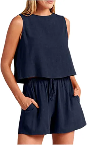 Womens Loungewear Set Shorts Casual Sleeveless Cropped Tank Tops Linen Blend Summer 2 Piece Outfits with Pockets