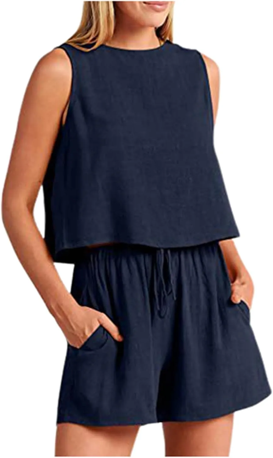 Womens Loungewear Set Shorts Casual Sleeveless Cropped Tank Tops Linen Blend Summer 2 Piece Outfits with Pockets