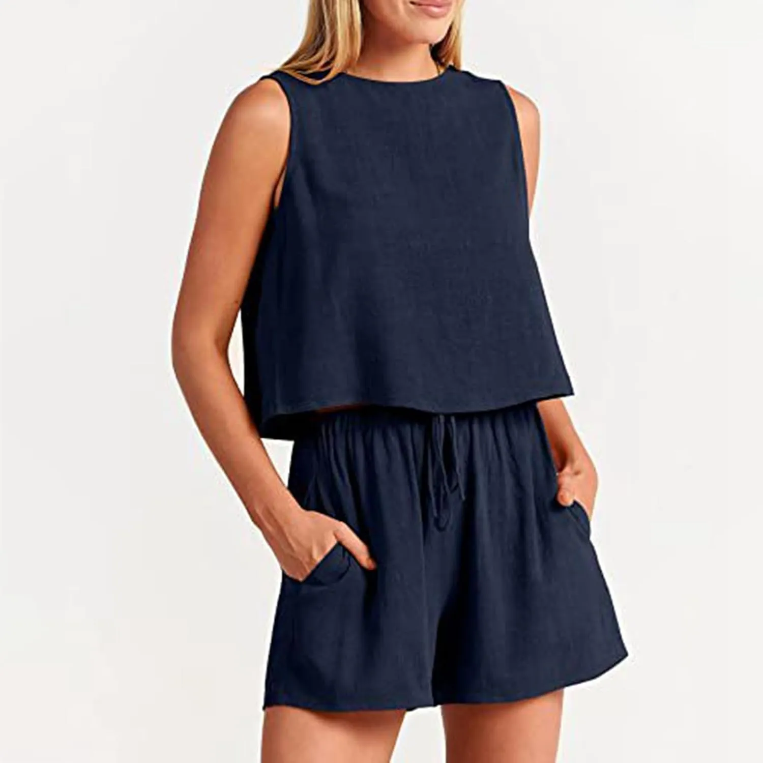 Womens Loungewear Set Shorts Casual Sleeveless Cropped Tank Tops Linen Blend Summer 2 Piece Outfits with Pockets