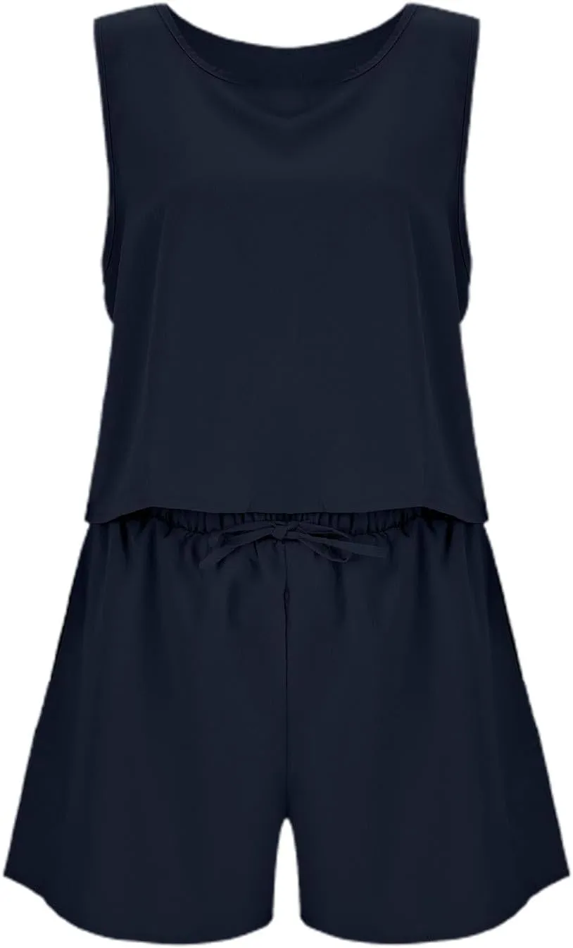 Womens Loungewear Set Shorts Casual Sleeveless Cropped Tank Tops Linen Blend Summer 2 Piece Outfits with Pockets