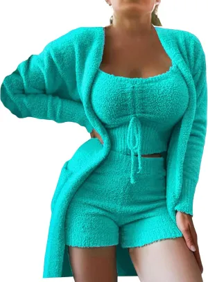 Women's Loungewear Sets 3 Piece Pajamas Set Casual Outfits Fleece Cardigan Lace Up Tank Top High Waisted Shorts 2025