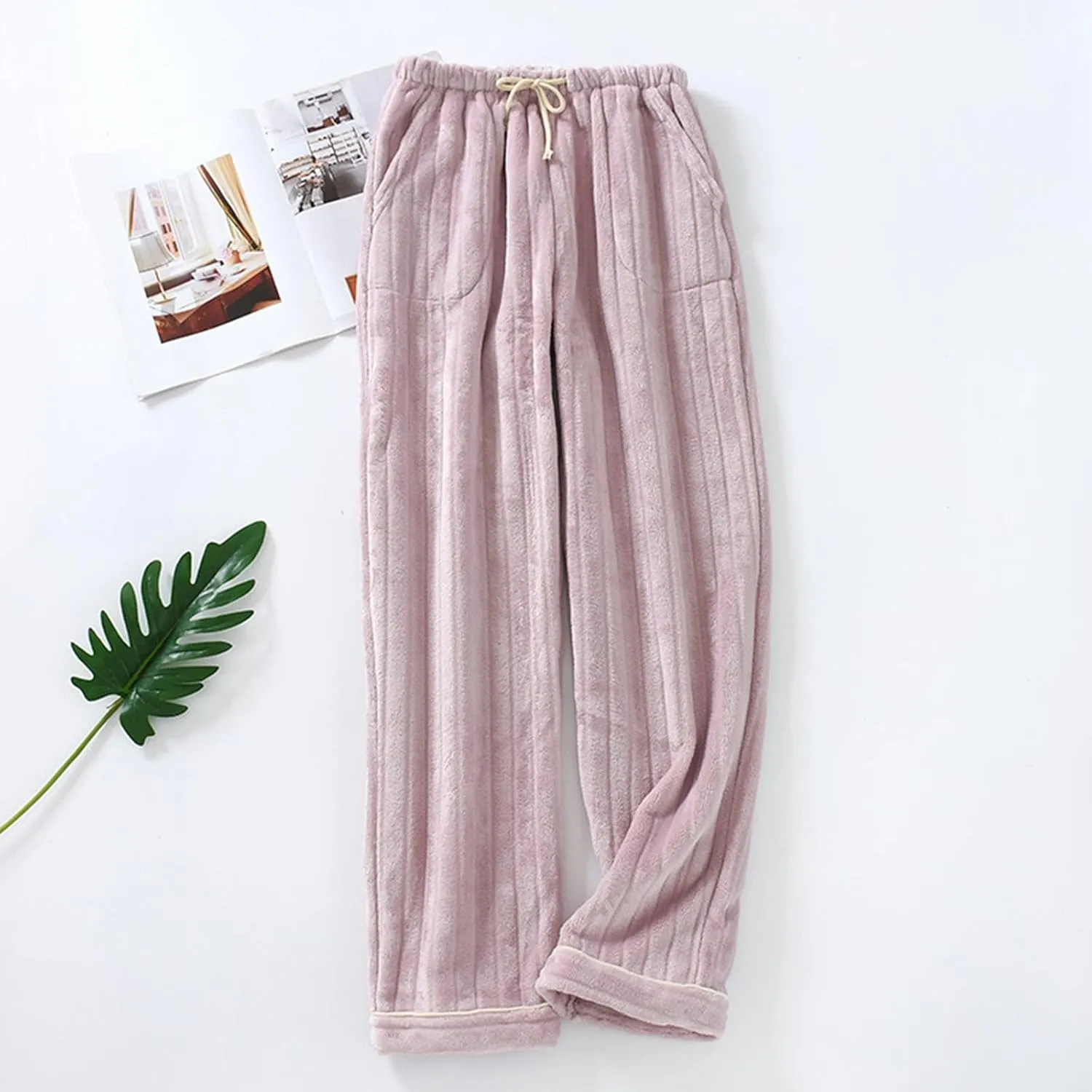 Womens Pajama Pants with Pockets Winter Fleece Lined Drawstring Plain Pajama Pants Warm Flannel Pajama Pants