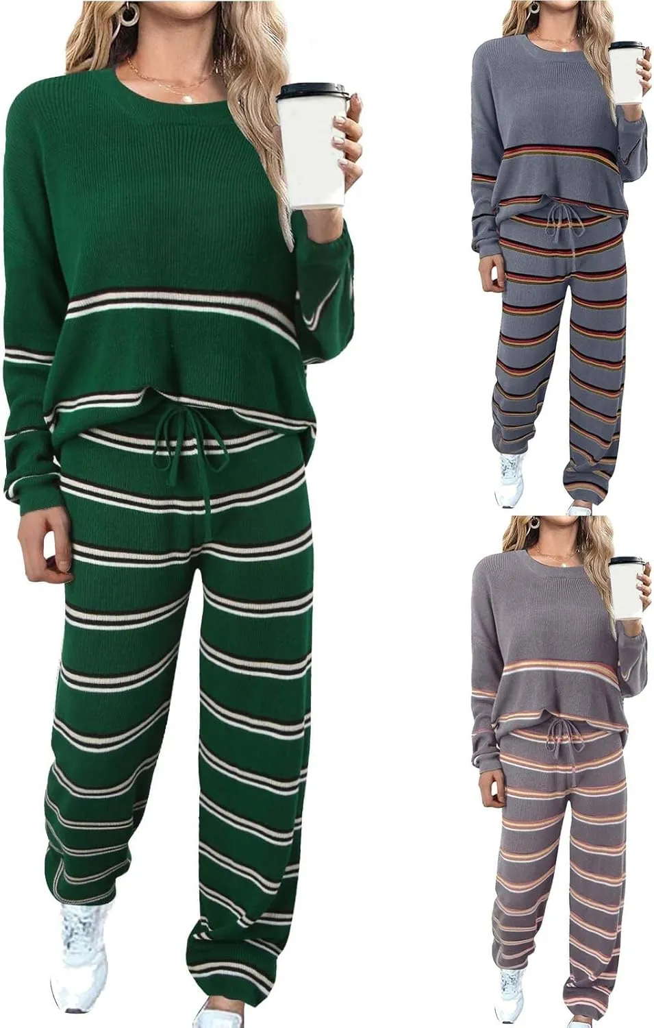 Women's Pajama Set Long Sleeve 2 Piece Rib Knit Outfits Sets Lounge Sets Sleepwear Loungewear Streetwear with Pockets