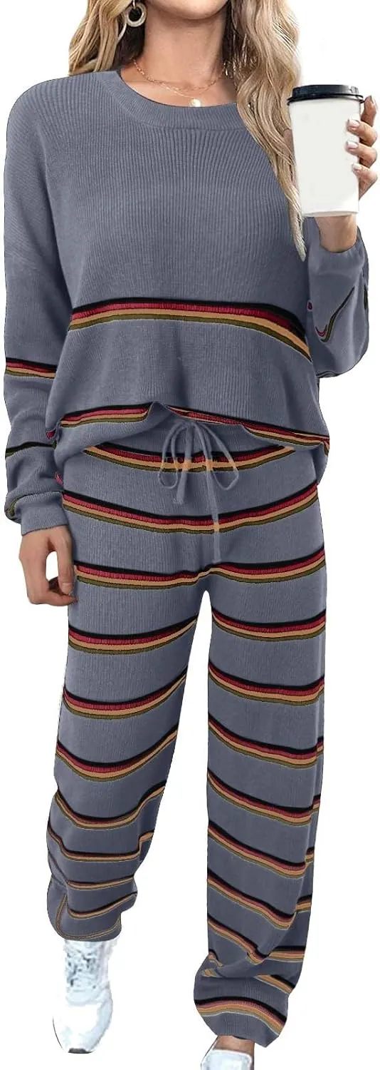 Women's Pajama Set Long Sleeve 2 Piece Rib Knit Outfits Sets Lounge Sets Sleepwear Loungewear Streetwear with Pockets