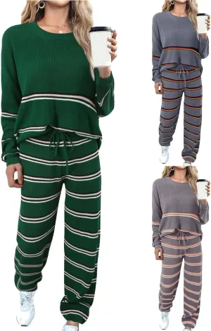 Women's Pajama Set Long Sleeve 2 Piece Rib Knit Outfits Sets Lounge Sets Sleepwear Loungewear Streetwear with Pockets