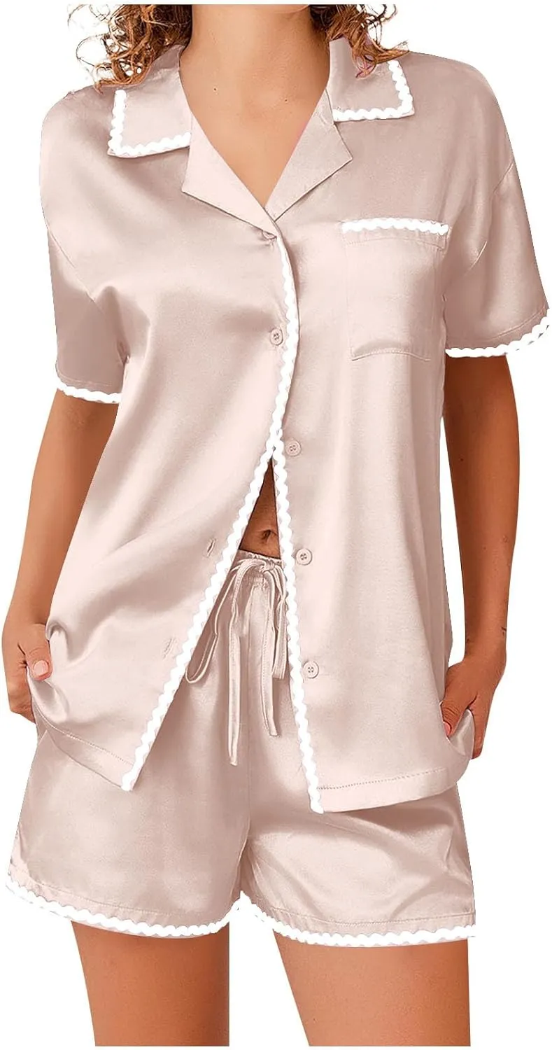 Womens Pajama Set Silk Short Sleeve Button Down Shirt Top and Shorts Set Satin Sleepwear 2 Piece Pjs Comfy Loungewear