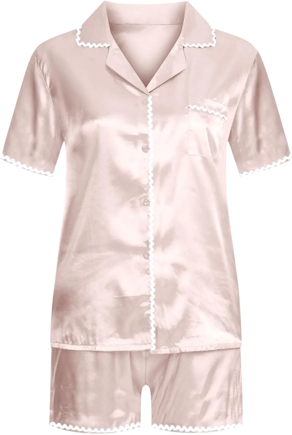 Womens Pajama Set Silk Short Sleeve Button Down Shirt Top and Shorts Set Satin Sleepwear 2 Piece Pjs Comfy Loungewear