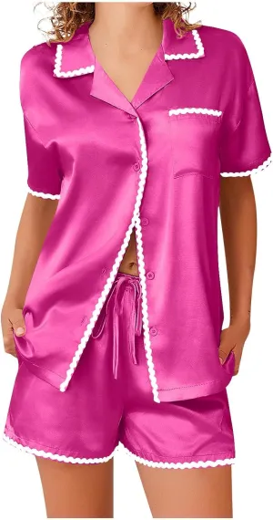 Womens Pajama Set Silk Short Sleeve Button Down Shirt Top and Shorts Set Satin Sleepwear 2 Piece Pjs Comfy Loungewear