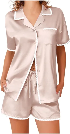 Womens Pajama Set Silk Short Sleeve Button Down Shirt Top and Shorts Set Satin Sleepwear 2 Piece Pjs Comfy Loungewear