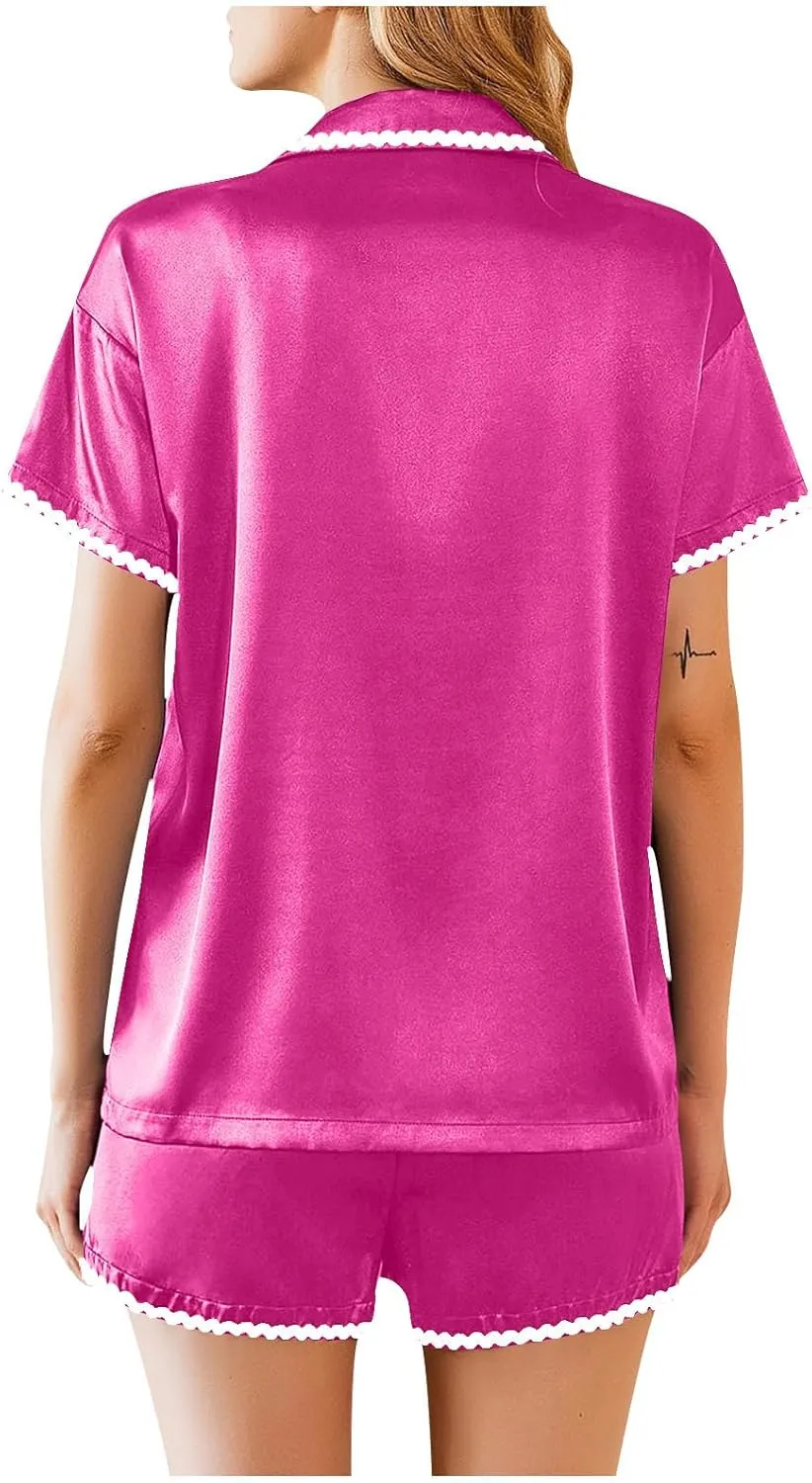 Womens Pajama Set Silk Short Sleeve Button Down Shirt Top and Shorts Set Satin Sleepwear 2 Piece Pjs Comfy Loungewear