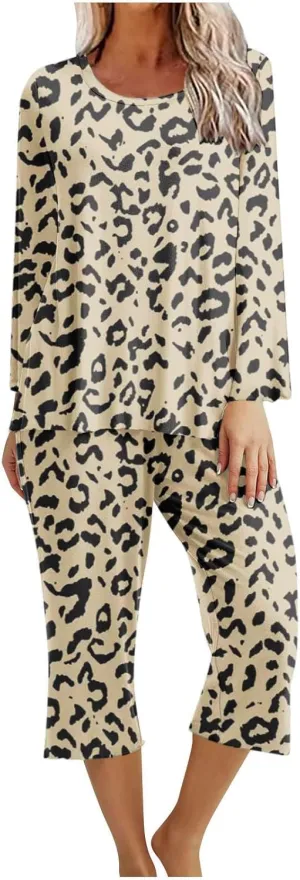 Women's Pajama Set Soft Comfy Cotton Long Sleeve Shirt and Capri Pants Sleepwear Pjs Sets Lounge Set