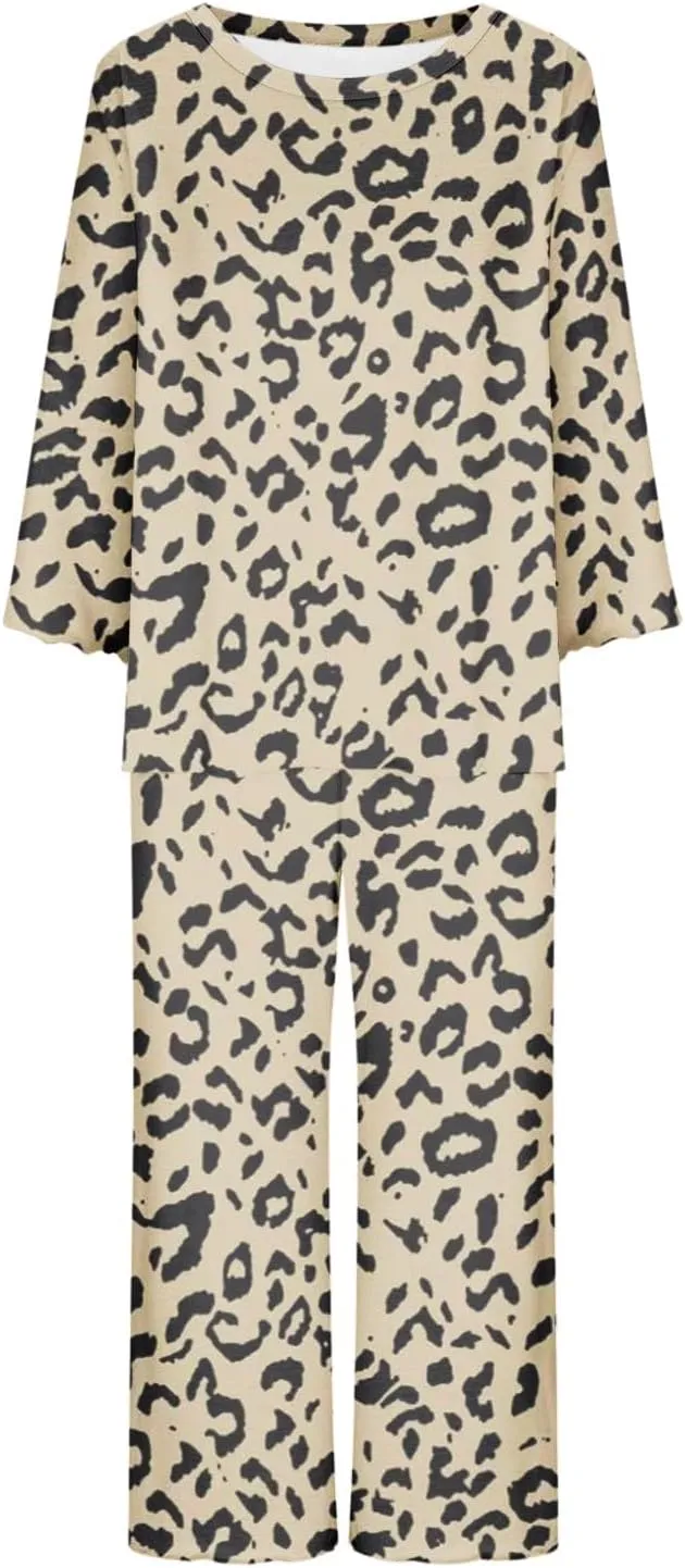 Women's Pajama Set Soft Comfy Cotton Long Sleeve Shirt and Capri Pants Sleepwear Pjs Sets Lounge Set