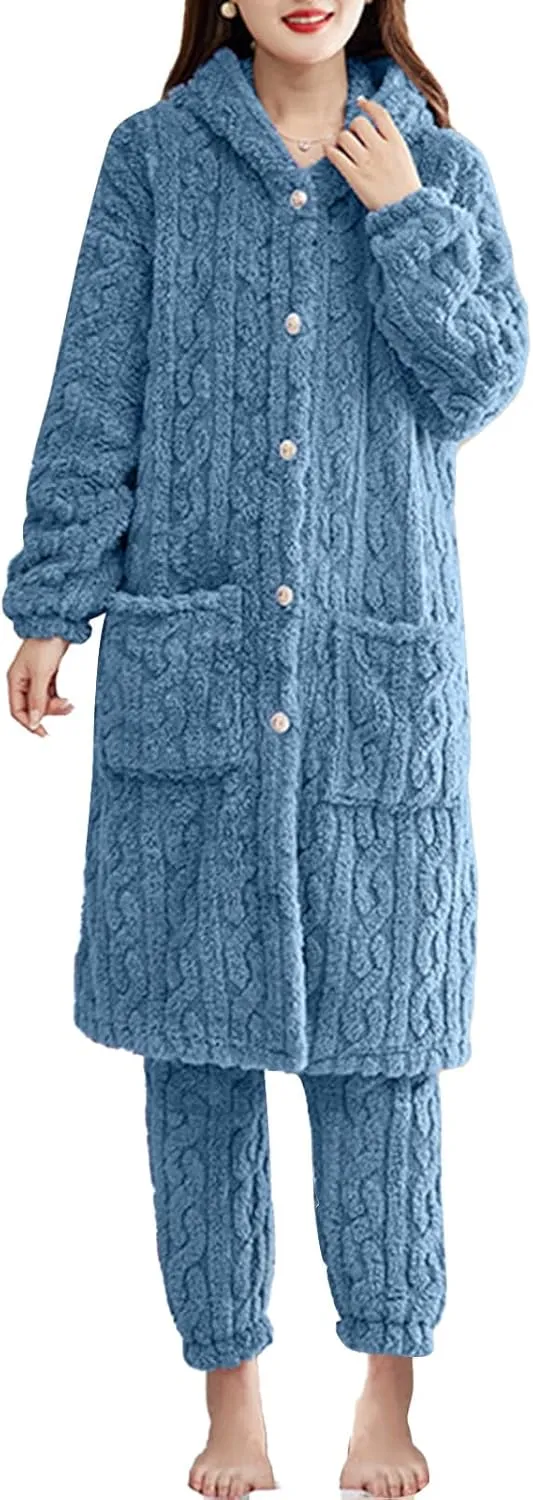 Women's Pajama Sets 2 Piece Lounge Long Sleeve Hoodie Pajamas Sets Classic Solid Chunky Knit Sweater Sleepwear