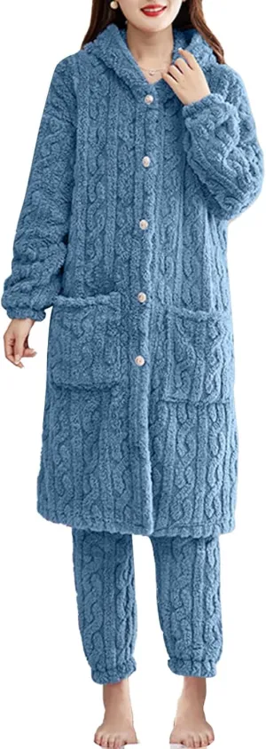 Women's Pajama Sets 2 Piece Lounge Long Sleeve Hoodie Pajamas Sets Classic Solid Chunky Knit Sweater Sleepwear