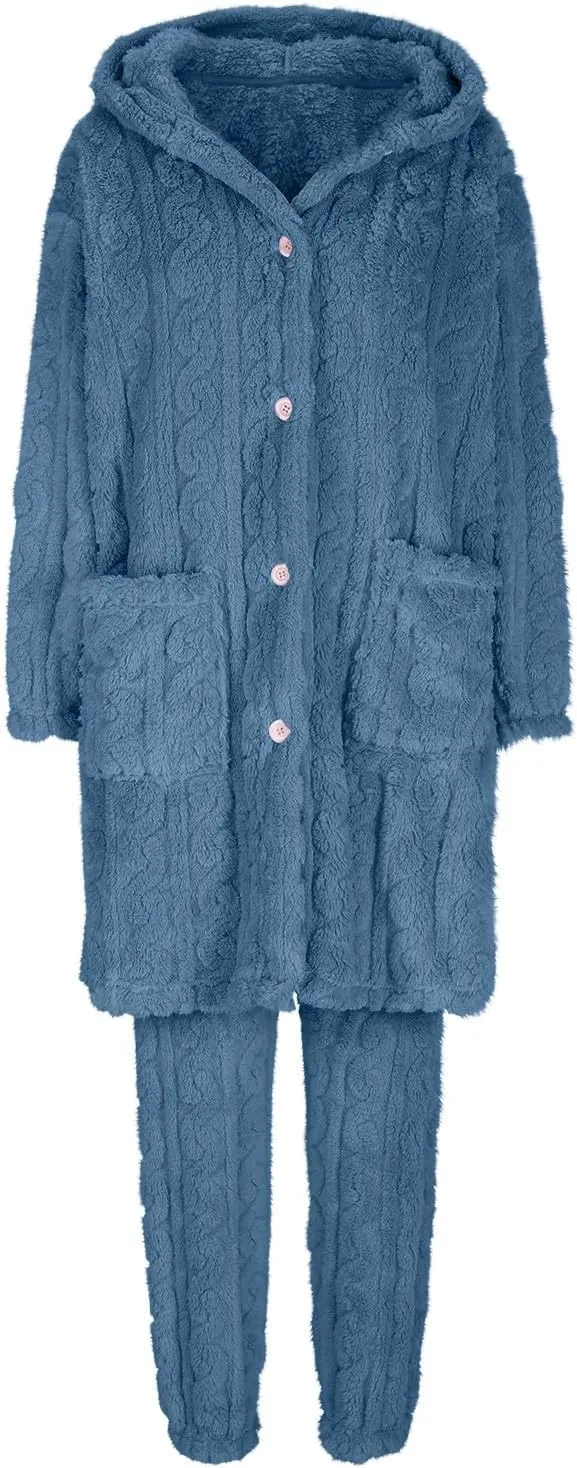 Women's Pajama Sets 2 Piece Lounge Long Sleeve Hoodie Pajamas Sets Classic Solid Chunky Knit Sweater Sleepwear