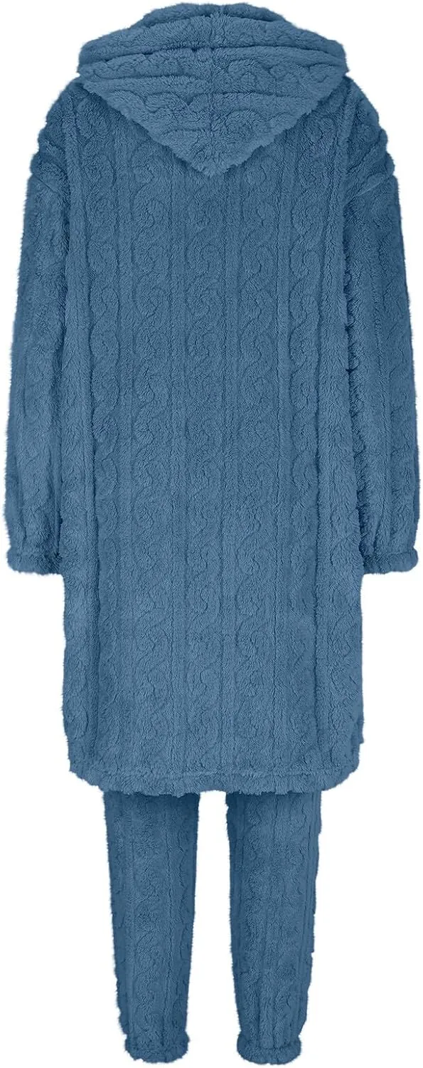 Women's Pajama Sets 2 Piece Lounge Long Sleeve Hoodie Pajamas Sets Classic Solid Chunky Knit Sweater Sleepwear