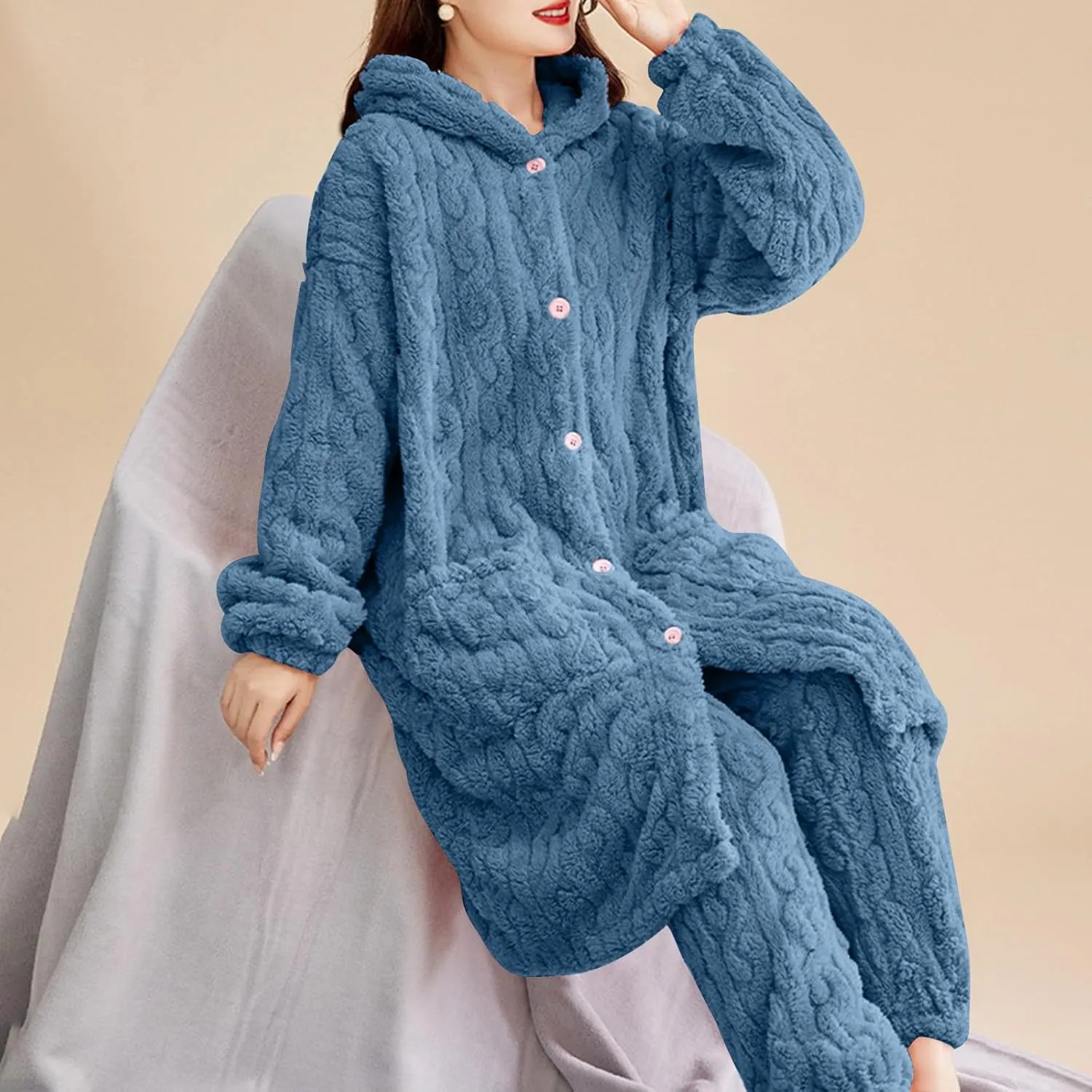 Women's Pajama Sets 2 Piece Lounge Long Sleeve Hoodie Pajamas Sets Classic Solid Chunky Knit Sweater Sleepwear