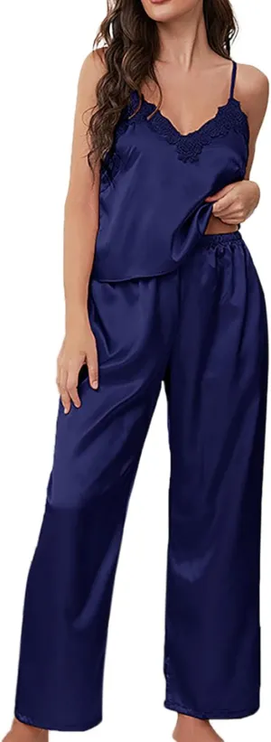Women's Pajama Sets 2pc Silk Satin Lounge Pants and Tops Pajamas Soft Spaghetti Strap Comfortable Sleepwear