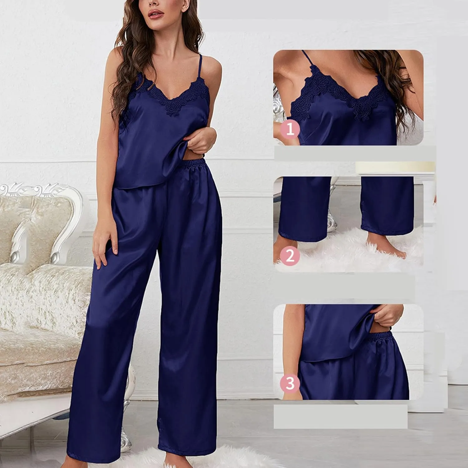 Women's Pajama Sets 2pc Silk Satin Lounge Pants and Tops Pajamas Soft Spaghetti Strap Comfortable Sleepwear