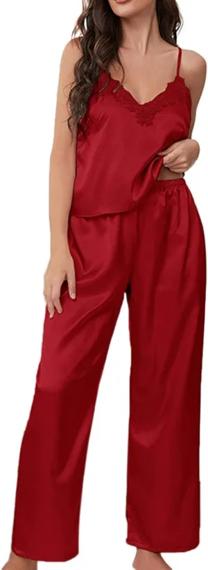 Women's Pajama Sets 2pc Silk Satin Lounge Pants and Tops Pajamas Soft Spaghetti Strap Comfortable Sleepwear