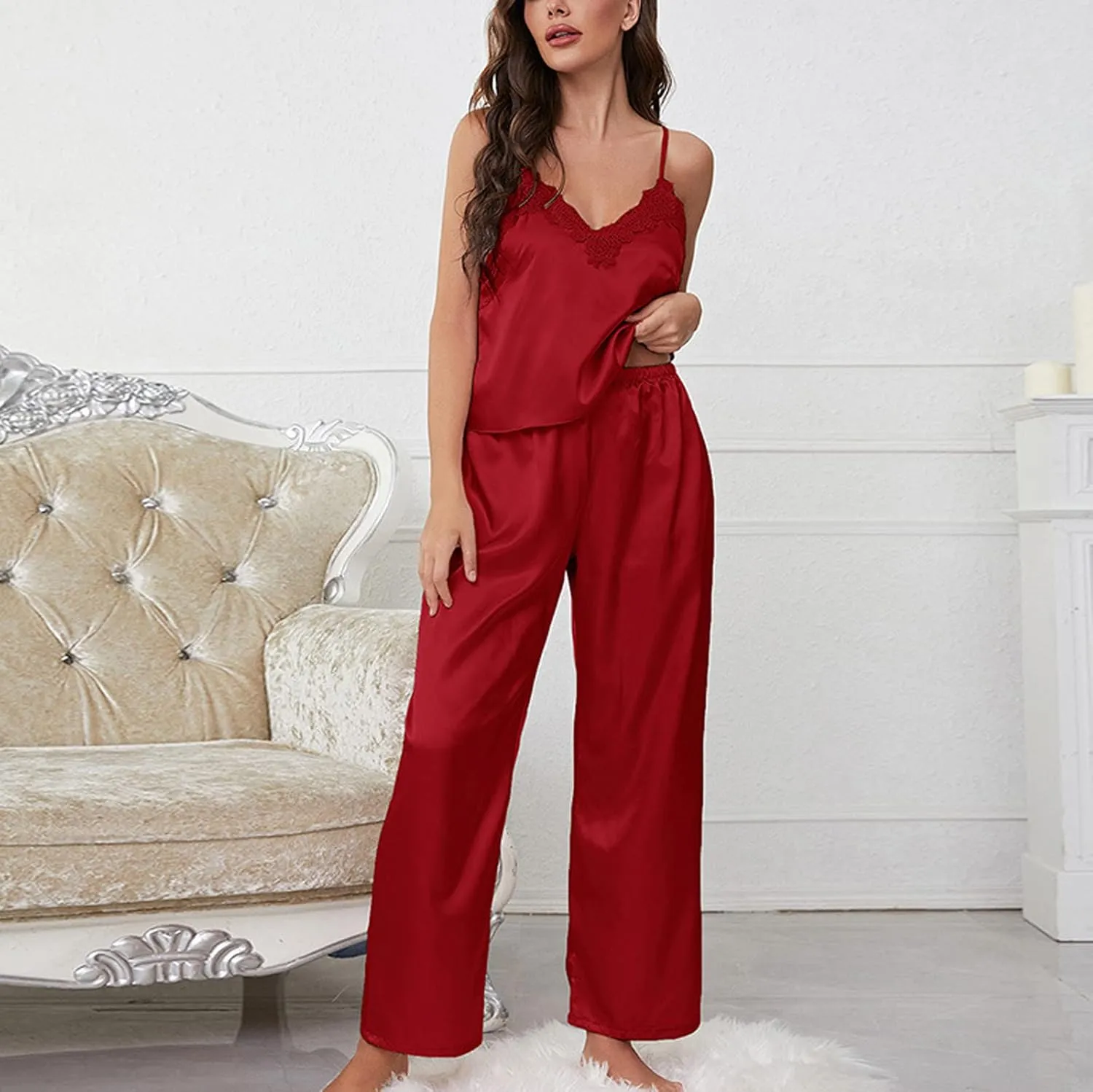 Women's Pajama Sets 2pc Silk Satin Lounge Pants and Tops Pajamas Soft Spaghetti Strap Comfortable Sleepwear