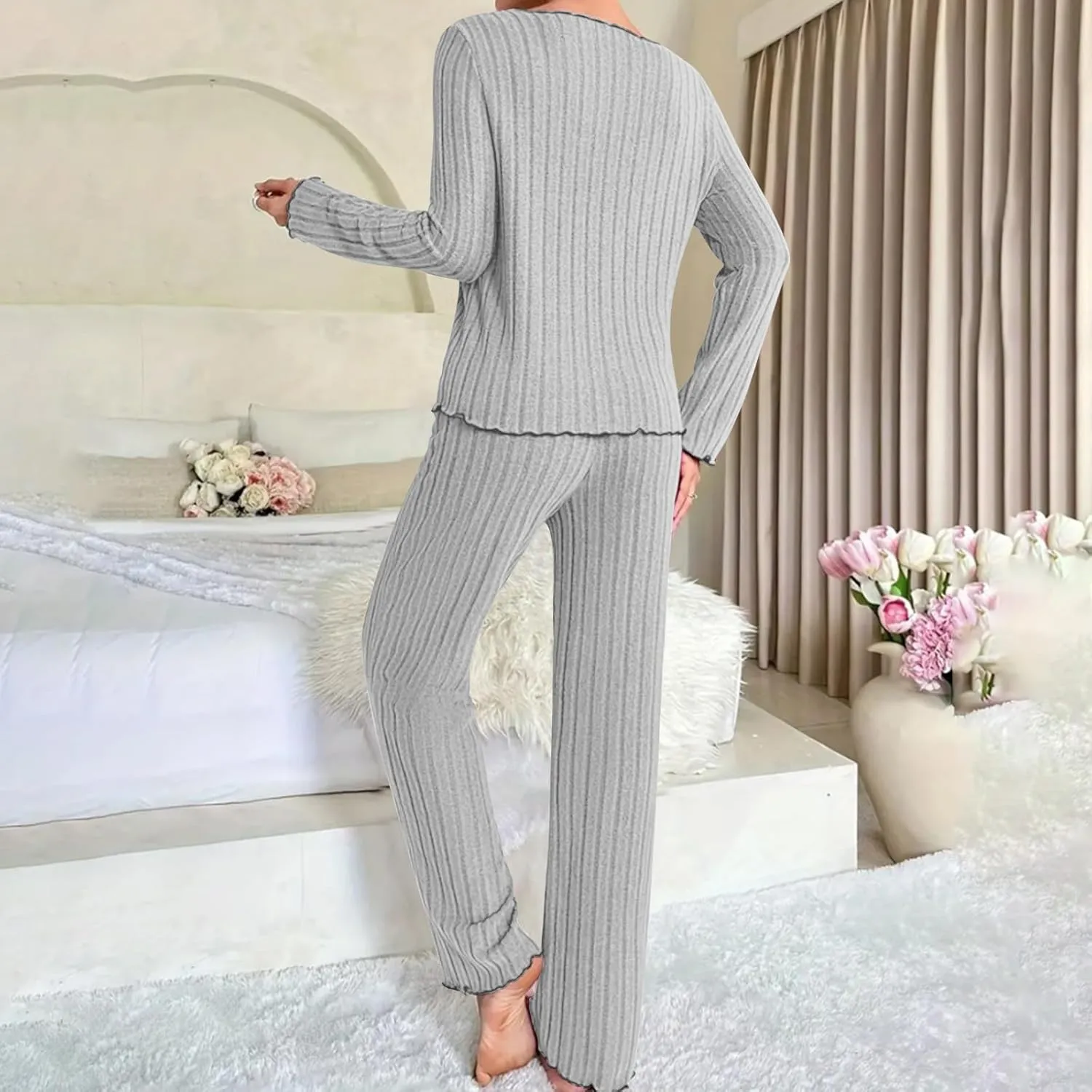 Women's Pajama Sets Long Sleeve 2 Piece Lounge Pajamas Set Classic Ribbed Knit Solid Sweater Sleepwear Loungewear