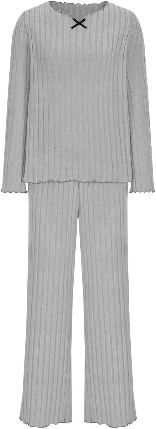 Women's Pajama Sets Long Sleeve 2 Piece Lounge Pajamas Set Classic Ribbed Knit Solid Sweater Sleepwear Loungewear