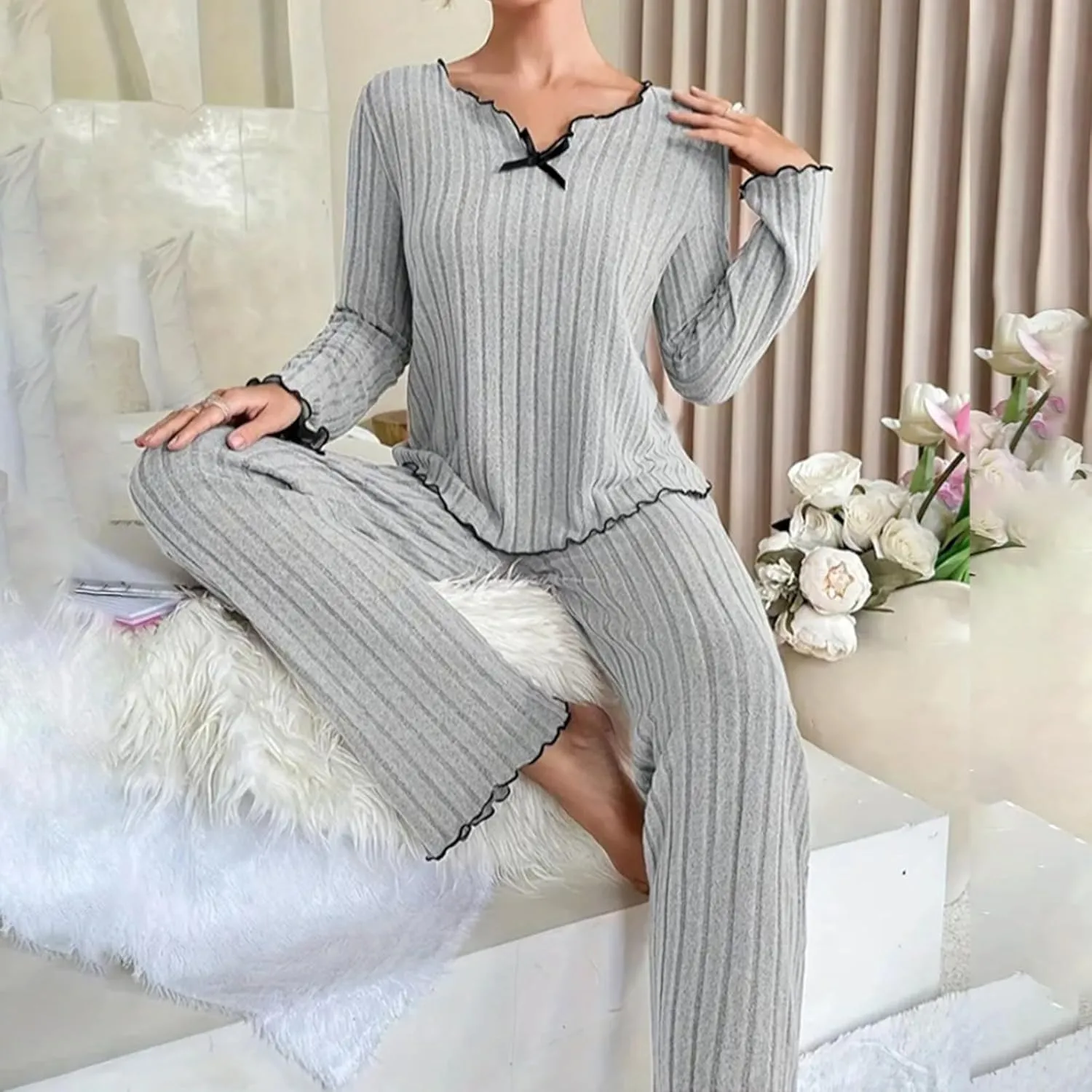 Women's Pajama Sets Long Sleeve 2 Piece Lounge Pajamas Set Classic Ribbed Knit Solid Sweater Sleepwear Loungewear